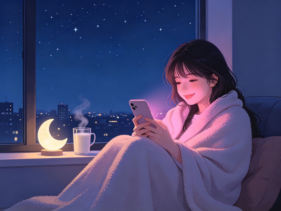 夜色ai产品介绍配图-深夜窗边女孩与AI温柔聊天